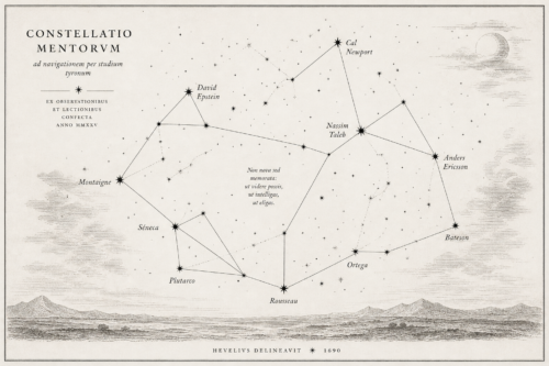 Ilustración de constelación con líneas y figuras, generada para representar el concepto de padrinos como mapas de orientación.